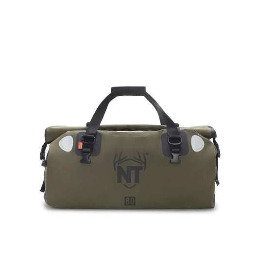 Olive green duffel bag with black straps and logo on a white background